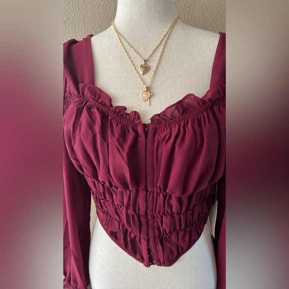 Burgundy chiffon corset long sleeve top - Picture 7 of 9